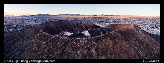 Aerial panoramic view of Amboy Crater and Bullion Mountains at sunrise. Mojave Trails National Monument, California, USA (color)