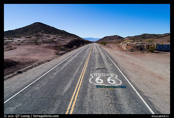 Aerial view of Route 66 with marker. Mojave Trails National Monument, California, USA (color)