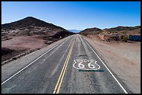Aerial view of Route 66 with marker. Mojave Trails National Monument, California, USA ( color)
