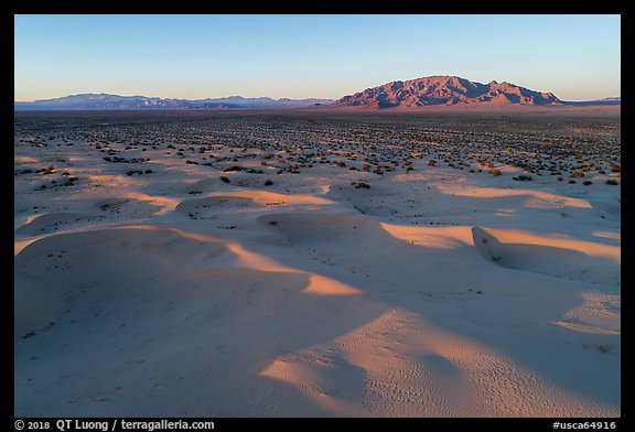 Aerial view of Cadiz dunes and mountain at sunset. Mojave Trails National Monument, California, USA (color)