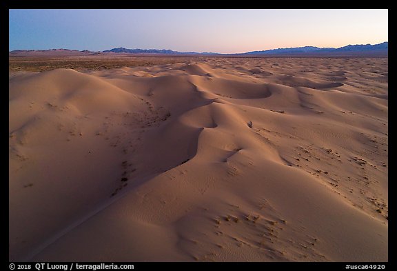 Aerial view of pristine Cadiz dunes at dusk. Mojave Trails National Monument, California, USA