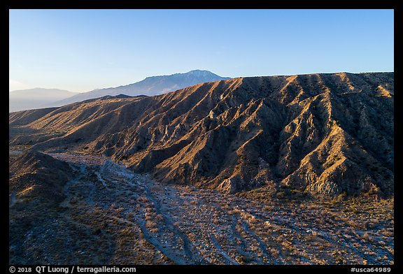 Aerial view of valley with San Jacinto Peak in the distance, Mission Creek Preserve. Sand to Snow National Monument, California, USA (color)