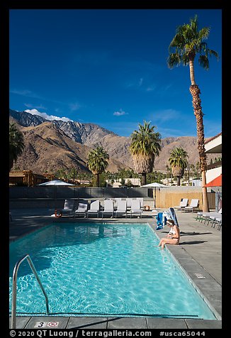 Swimming pool and San Jacinto Mountains, Palm Springs. California, USA (color)