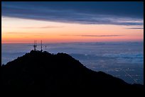 Mount Wilson antennas and Los Angeles with fog at sunrise. San Gabriel Mountains National Monument, California, USA ( color)