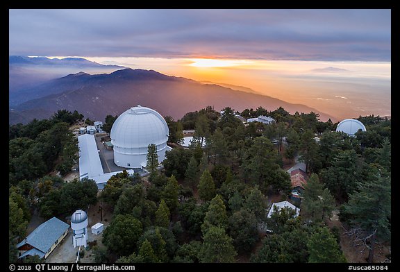 Aerial view of Mount Wilson observatory, mountains, and Los Angeles Basin. San Gabriel Mountains National Monument, California, USA (color)