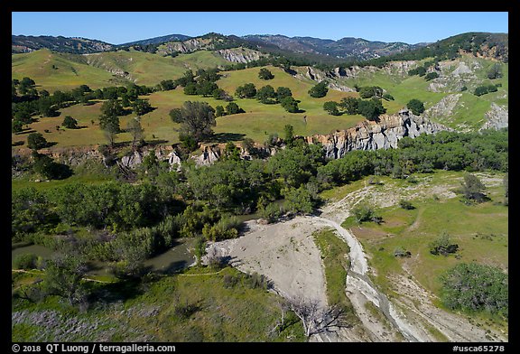 Aerial view of bluffs and hills, Cache Creek Wilderness. Berryessa Snow Mountain National Monument, California, USA (color)