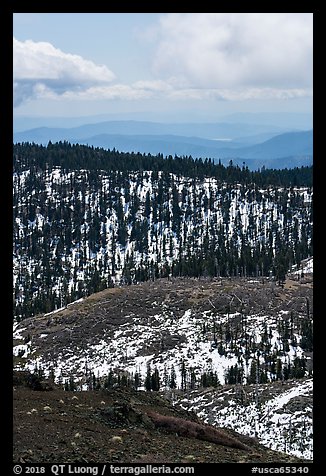 Forested ridges with snow from Snow Mountain. Berryessa Snow Mountain National Monument, California, USA (color)