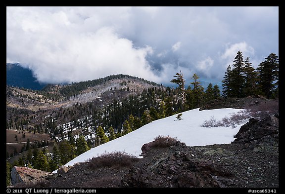 Snow patch and storm cloud near Snow Mountain summit. Berryessa Snow Mountain National Monument, California, USA (color)
