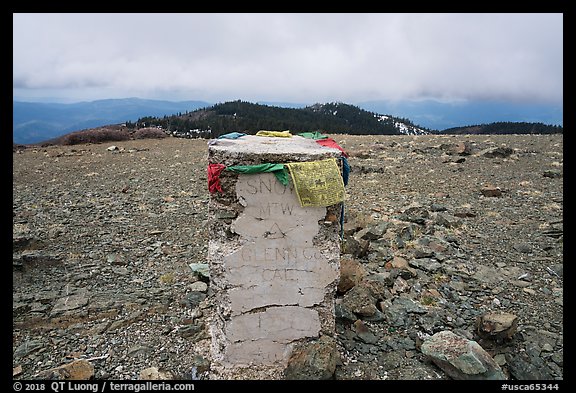 Snow Mountain West Summit marker with Tibetan prayer flags. Berryessa Snow Mountain National Monument, California, USA (color)