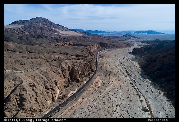 Aerial view of Afton Canyon, railroad, and Mojave River. Mojave Trails National Monument, California, USA (color)