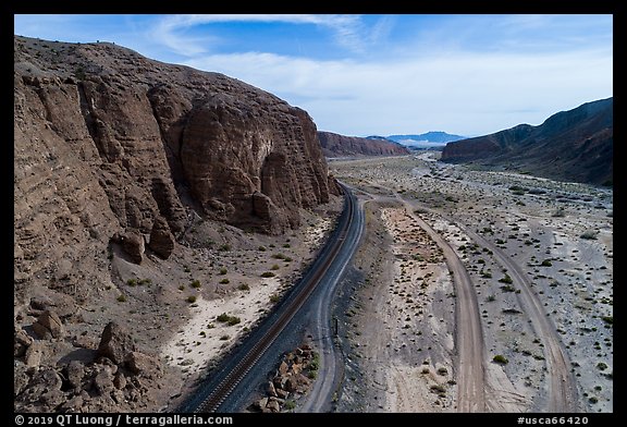 Aerial view of Afton Canyon, rail tracks and roads. Mojave Trails National Monument, California, USA (color)