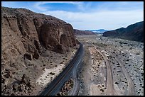 Aerial view of Afton Canyon, rail tracks and roads. Mojave Trails National Monument, California, USA ( color)