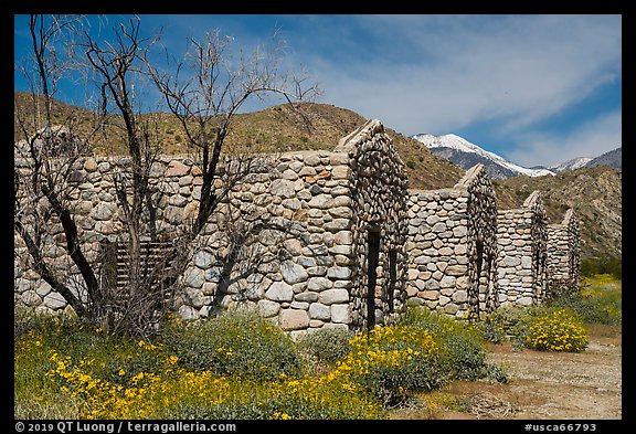 Ruined stone cabins and San Giorgono Mountain. Sand to Snow National Monument, California, USA (color)