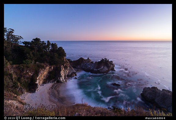 McWay Cove and waterfall at twilight, Julia Pfeiffer Burns State Park. Big Sur, California, USA (color)