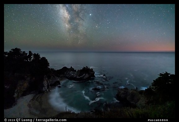McWay Cove at night with Milky Way, Julia Pfeiffer Burns State Park. Big Sur, California, USA (color)