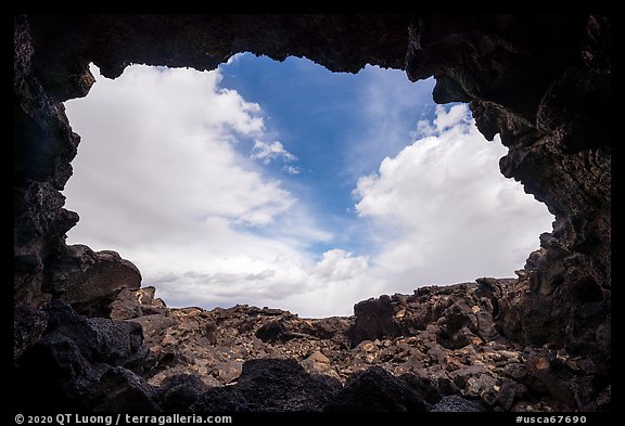 Sky from opening of lava tube cave, Pisgah lava field. Mojave Trails National Monument, California, USA (color)
