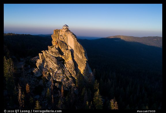 Aerial View of Buck Rock and Lookout at sunrise. Giant Sequoia National Monument, Sequoia National Forest, California, USA (color)