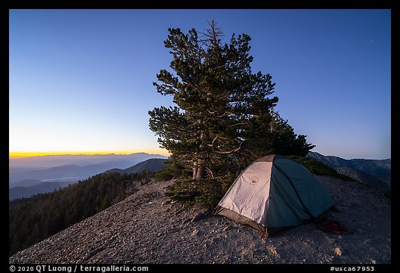 Tent on Mount Baldy Devils Backbone at dawn. San Gabriel Mountains National Monument, California, USA (color)