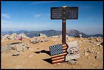 Sign and flags on Mt Baldy summit. San Gabriel Mountains National Monument, California, USA ( color)