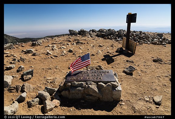 Marker on Mount San Antonio top. San Gabriel Mountains National Monument, California, USA (color)