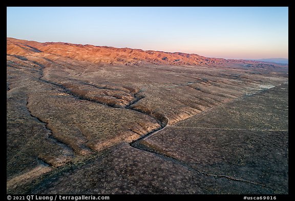 Aerial view of Wallace Creek and San Andreas Fault at sunset. Carrizo Plain National Monument, California, USA (color)