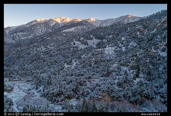 Aerial view of Anderson Peak slopes in winter. Sand to Snow National Monument, California, USA