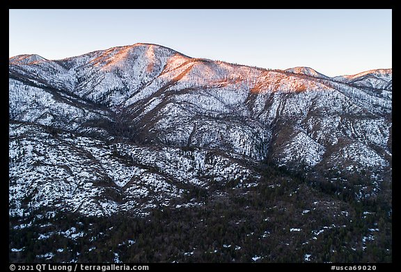 Aerial view of Grinnel Mountain, winter sunrise. Sand to Snow National Monument, California, USA