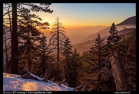 Looking down Valley of the Falls, winter sunset. Sand to Snow National Monument, California, USA (color)