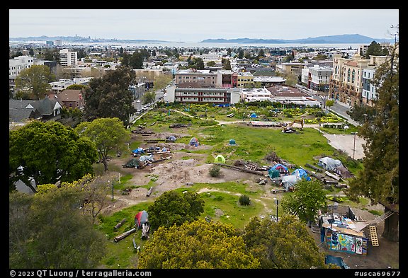 Aerial view of Peoples Park looking towards the bay. Berkeley, California, USA (color)