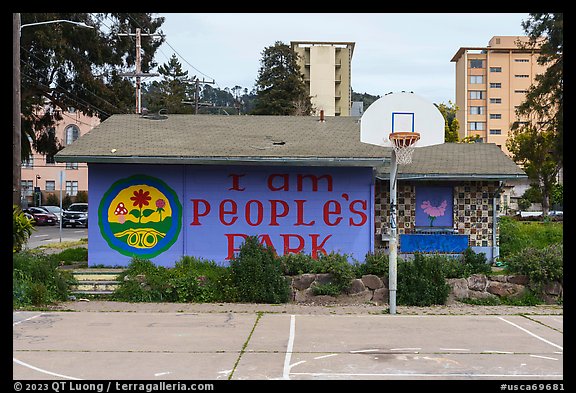 Hoop and restroom, Peoples Park. Berkeley, California, USA (color)