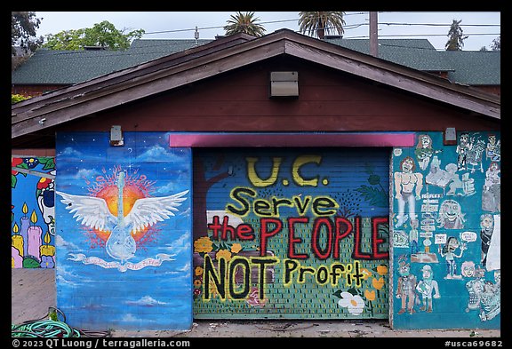 Restroom with protest slogan, Peoples Park. Berkeley, California, USA (color)