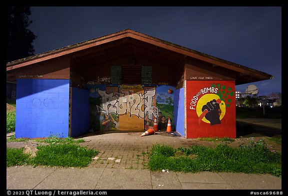 Closed restroom at night, Peoples Park. Berkeley, California, USA (color)