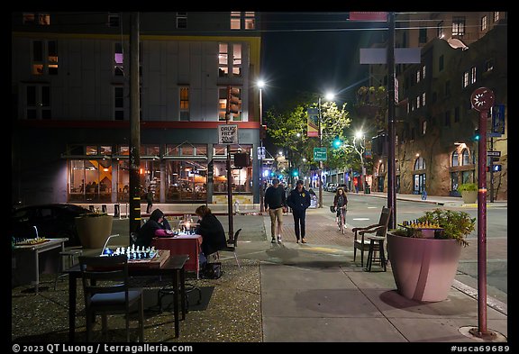 Telegraph Avenue at night with chessboards. Berkeley, California, USA (color)