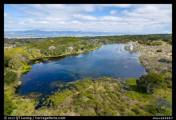 Aerial view of pond with Salinas Valley in the distance. California, USA (color)