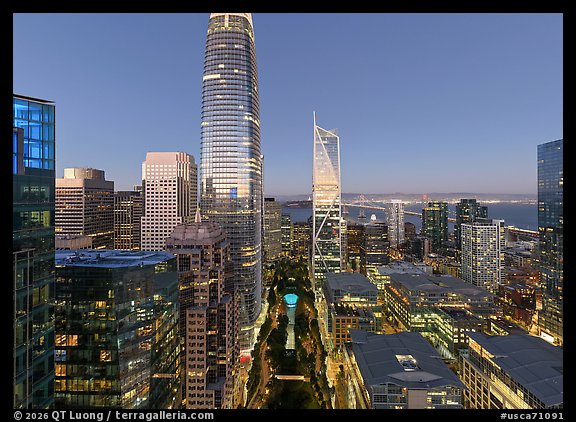 Aerial view of Salesforce Park at dusk. San Francisco, California, USA (color)
