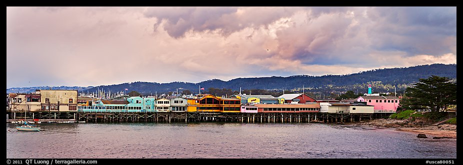 Fishermans Wharf colorful buildings at sunset. Monterey, California, USA (color)