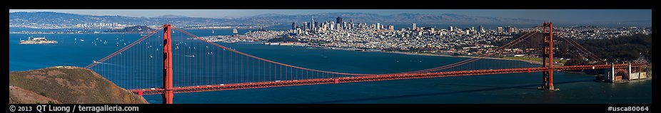 Golden Gate Bridge and view from Alcatraz to San Francisco, fall afternoon. San Francisco, California, USA (color)