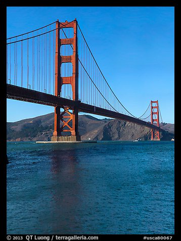 Golden Gate Bridge from water level, afternoon. San Francisco, California, USA (color)