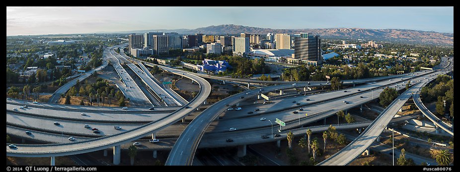 Aerial view of downtown and freeways. San Jose, California, USA (color)