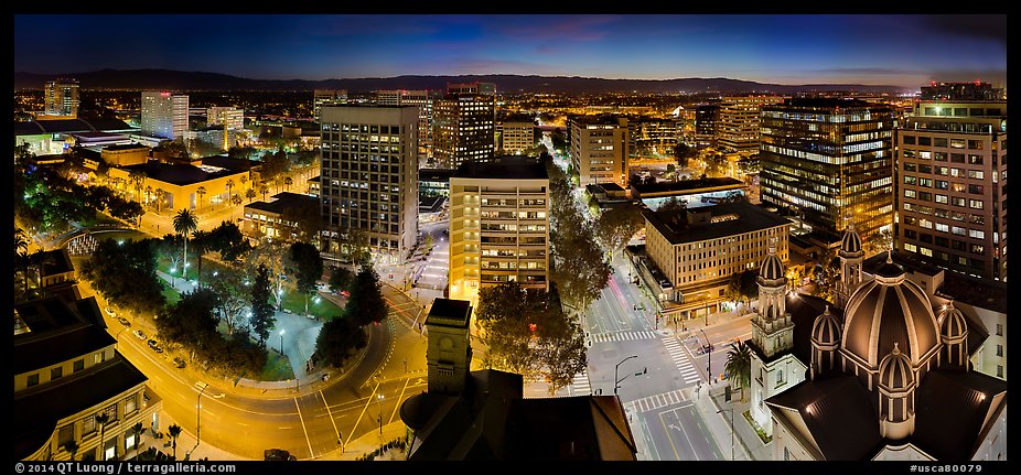 Downtown San Jose skyline and lights at night. San Jose, California, USA (color)