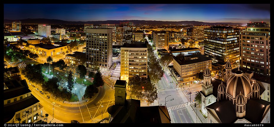 Downtown San Jose skyline and lights at night. San Jose, California, USA