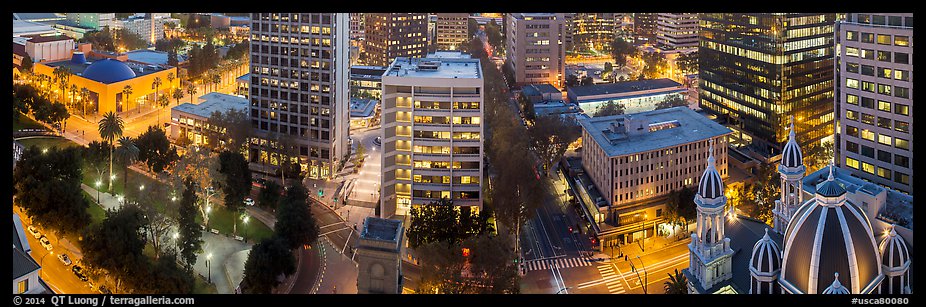 Downtown San Jose buildings after sunset. San Jose, California, USA (color)