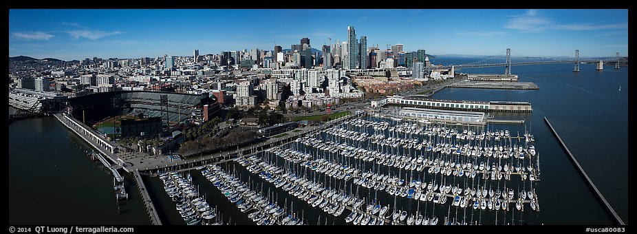 Aerial view of South Beach Harbor, ATT Park, and downtown skyline. San Francisco, California, USA (color)