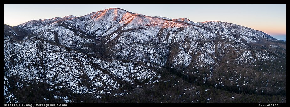 Aerial view of Grinnell Mountain, winter sunrise. Sand to Snow National Monument, California, USA