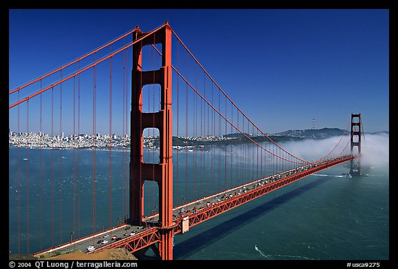 Golden Gate bridge and fog seen from Battery Spencer, afternoon. San Francisco, California, USA (color)