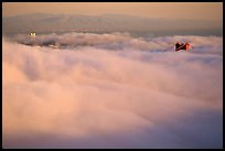 Pilar of the Golden Gate Bridge emerging from the fog at sunset. San Francisco, California, USA