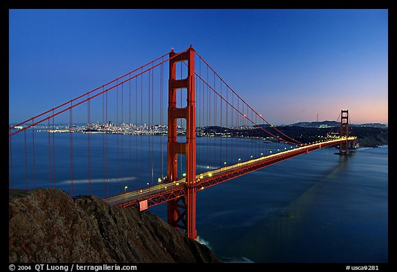 Golden Gate bridge seen from Battery Spencer, dusk. San Francisco, California, USA (color)