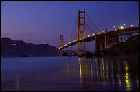 Golden Gate bridge and surf with light reflections, seen from E Baker Beach, dusk. San Francisco, California, USA (color)