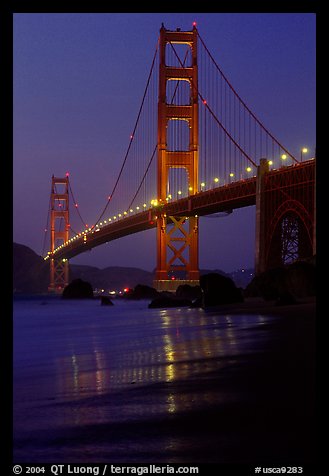 Golden Gate bridge and surf seen from E Baker Beach, dusk. San Francisco, California, USA