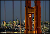 The city seen through the cables and pilars of the Golden Gate bridge, night. San Francisco, California, USA (color)